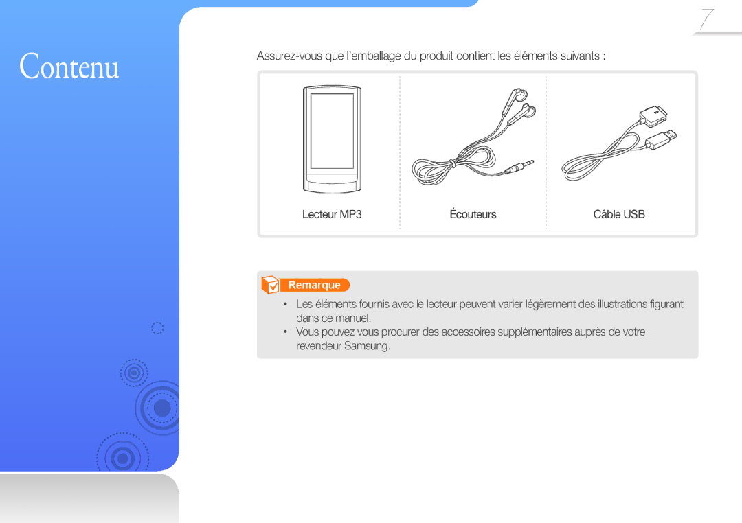 Samsung YP-R1JCP/XEF, YP-R1JNB/XEF, YP-R1JEB/XEF, YP-R1JNP/XEF, YP-R1JCS/XEF, YP-R1JCB/XEF, YP-R1JEP/XEF manual Contenu 