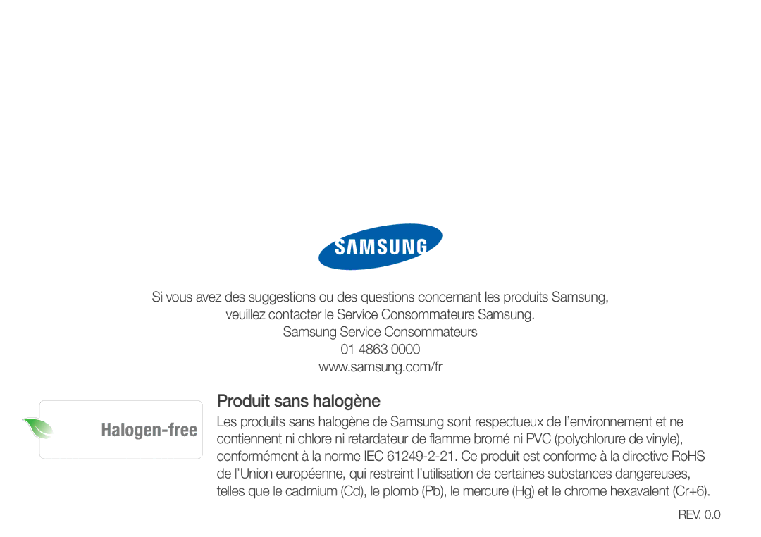 Samsung YP-R1JCP/XEF, YP-R1JNB/XEF, YP-R1JEB/XEF, YP-R1JNP/XEF, YP-R1JCS/XEF, YP-R1JCB/XEF manual Produit sans halogène, Rev 