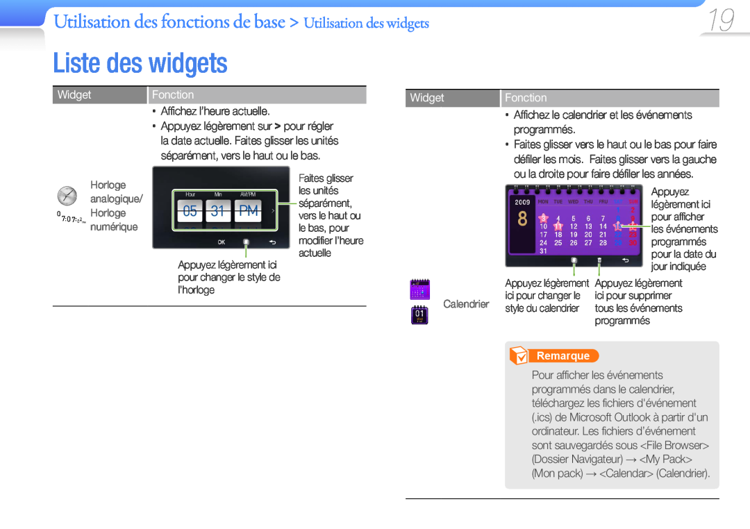 Samsung YP-R1JNB/XEF manual Liste des widgets, Utilisation des fonctions de base Utilisation des widgets, Widget, Fonction 