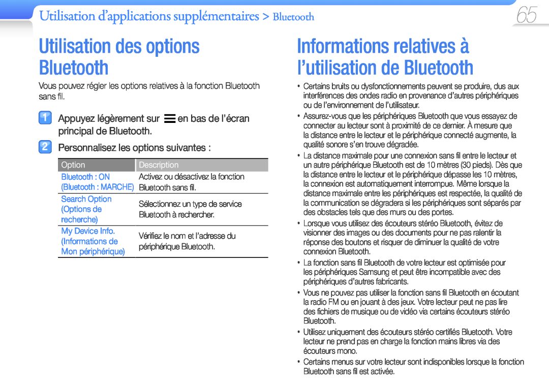 Samsung YP-R1JCS/XEF manual Utilisation des options Bluetooth, Informations relatives à l’utilisation de Bluetooth, Option 