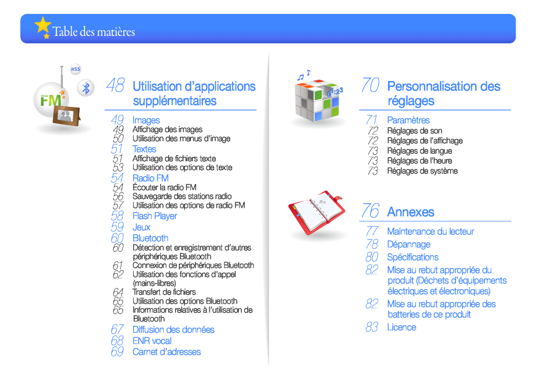Samsung YP-R1JNB/XEF manual Table des matières, Personnalisation des réglages, Annexes, ENR vocal, Carnet d’adresses 