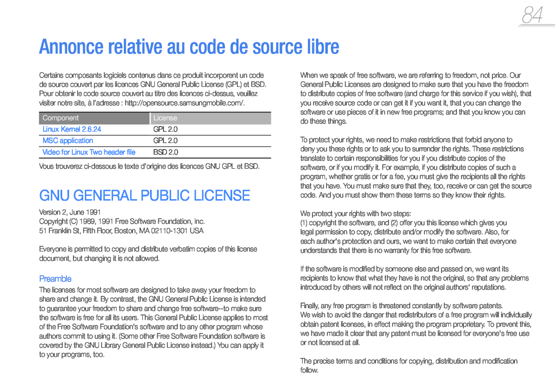 Samsung YP-R1JCP/XEF manual Annonce relative au code de source libre, Gnu General Public License, Preamble, Component 