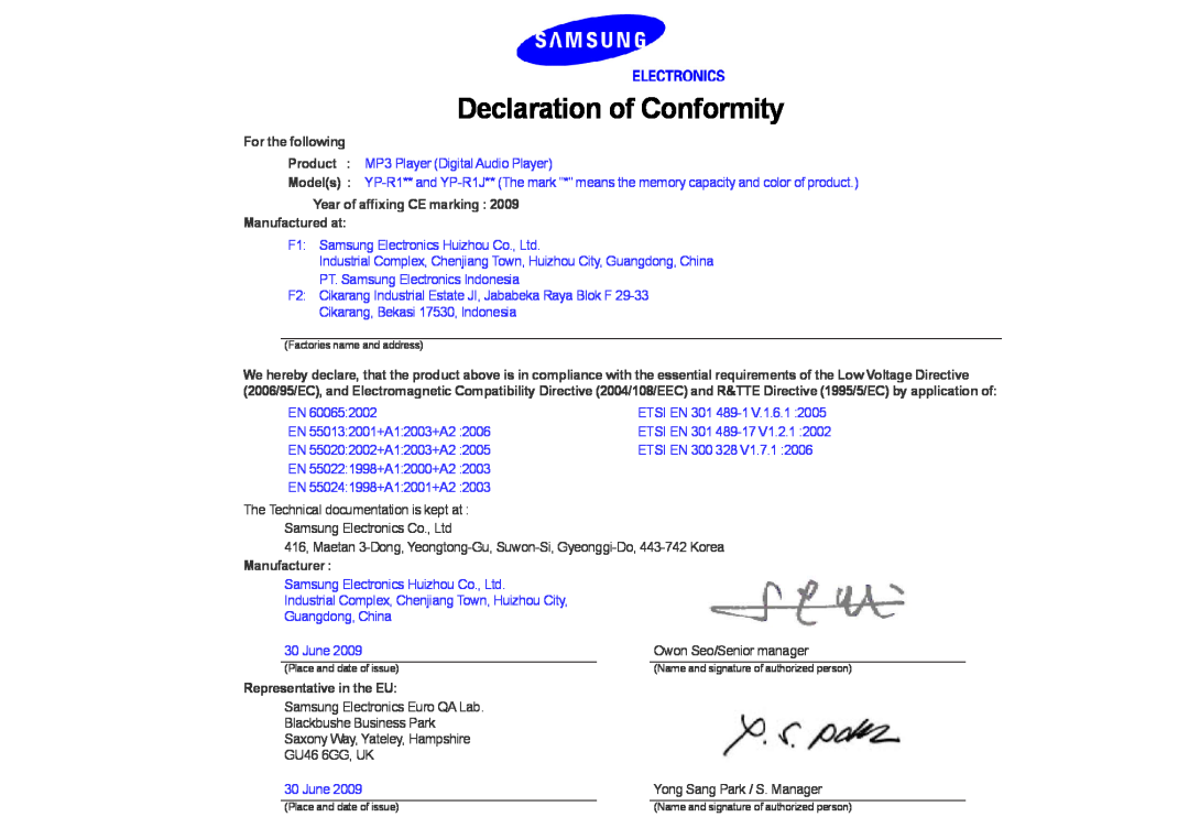 Samsung YP-R1JEB/XEF manual Declaration of Conformity, For the following, Year of afﬁxing CE marking Manufactured at 