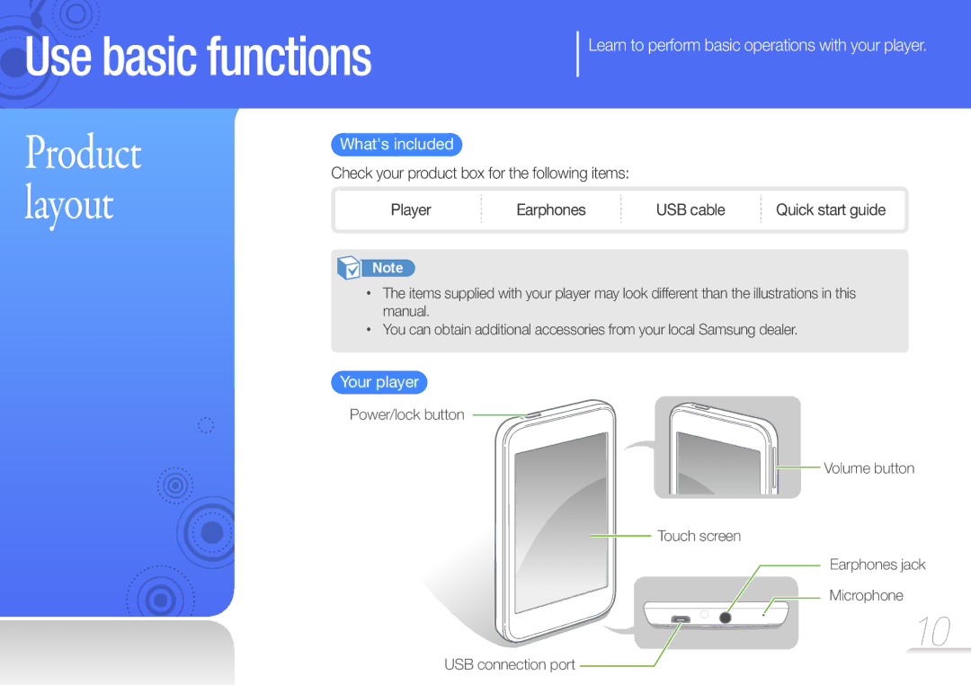 Samsung YP-R2CS/EDC, YP-R2CB/XET manual Learn to perform basic operations with your player, Whats included, Your player 