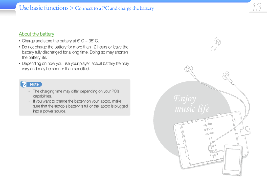 Samsung YP-R2AS/XET, YP-R2CB/XET, YP-R2CS/EDC, YP-R2AS/EDC manual Use basic functions Connect to a PC and charge the battery 