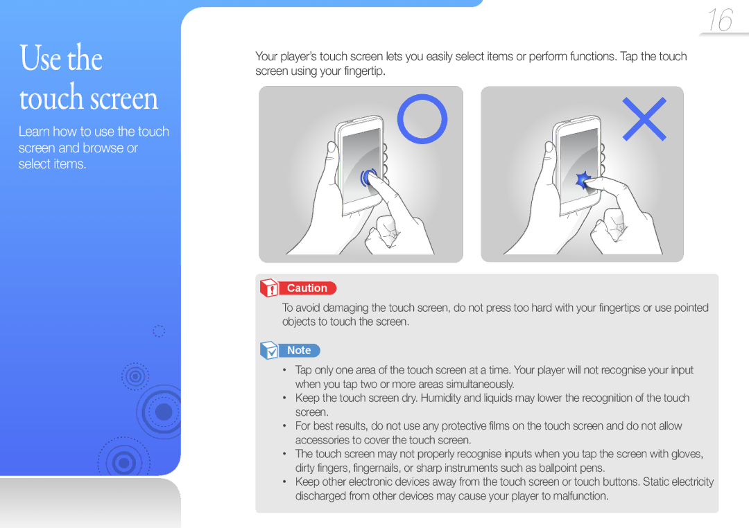 Samsung YP-R2CB/XET, YP-R2AS/XET, YP-R2CS/EDC, YP-R2AS/EDC manual Use the touch screen 