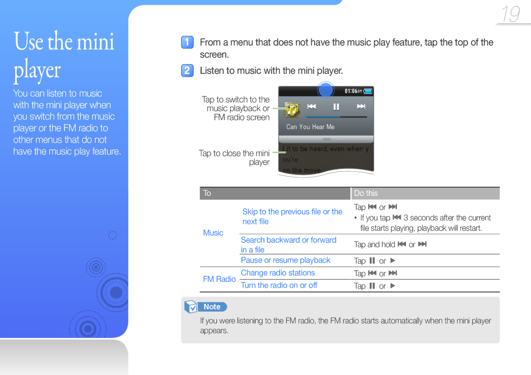 Samsung YP-R2AS/EDC, YP-R2CB/XET, YP-R2AS/XET Next file, Music Search backward or forward, A file, Pause or resume playback 