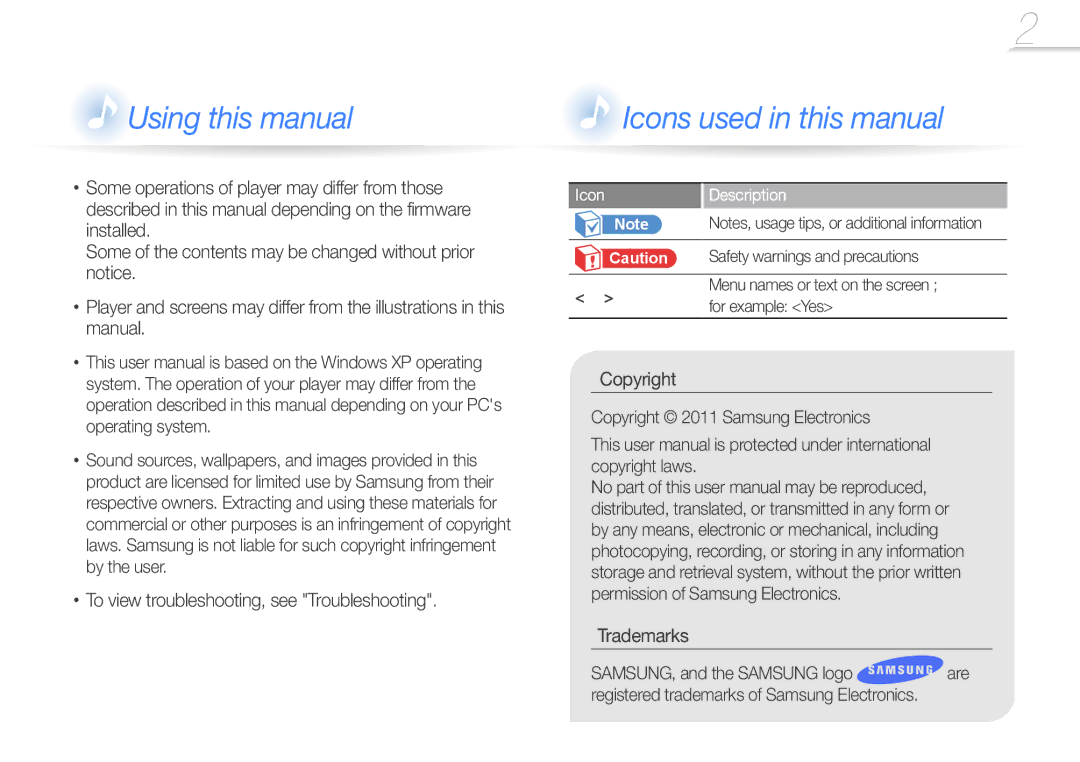 Samsung YP-R2CS/EDC, YP-R2CB/XET, YP-R2AS/XET, YP-R2AS/EDC Using this manual, Icon Description 