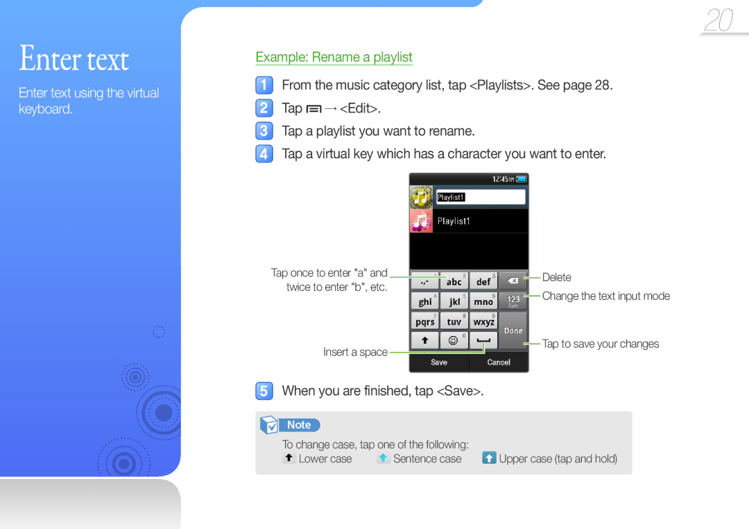 Samsung YP-R2CB/XET, YP-R2AS/XET, YP-R2CS/EDC, YP-R2AS/EDC manual Enter text, When you are finished, tap Save 