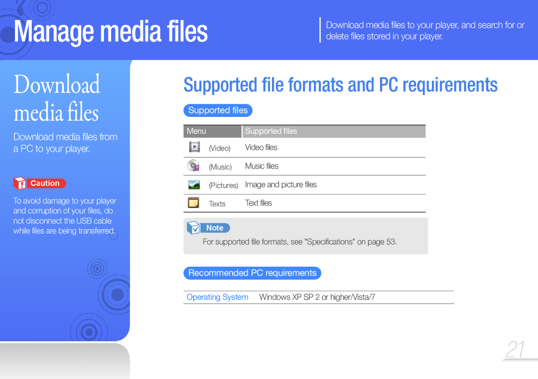 Samsung YP-R2AS/XET manual Download media files from a PC to your player, Supported files, Recommended PC requirements 