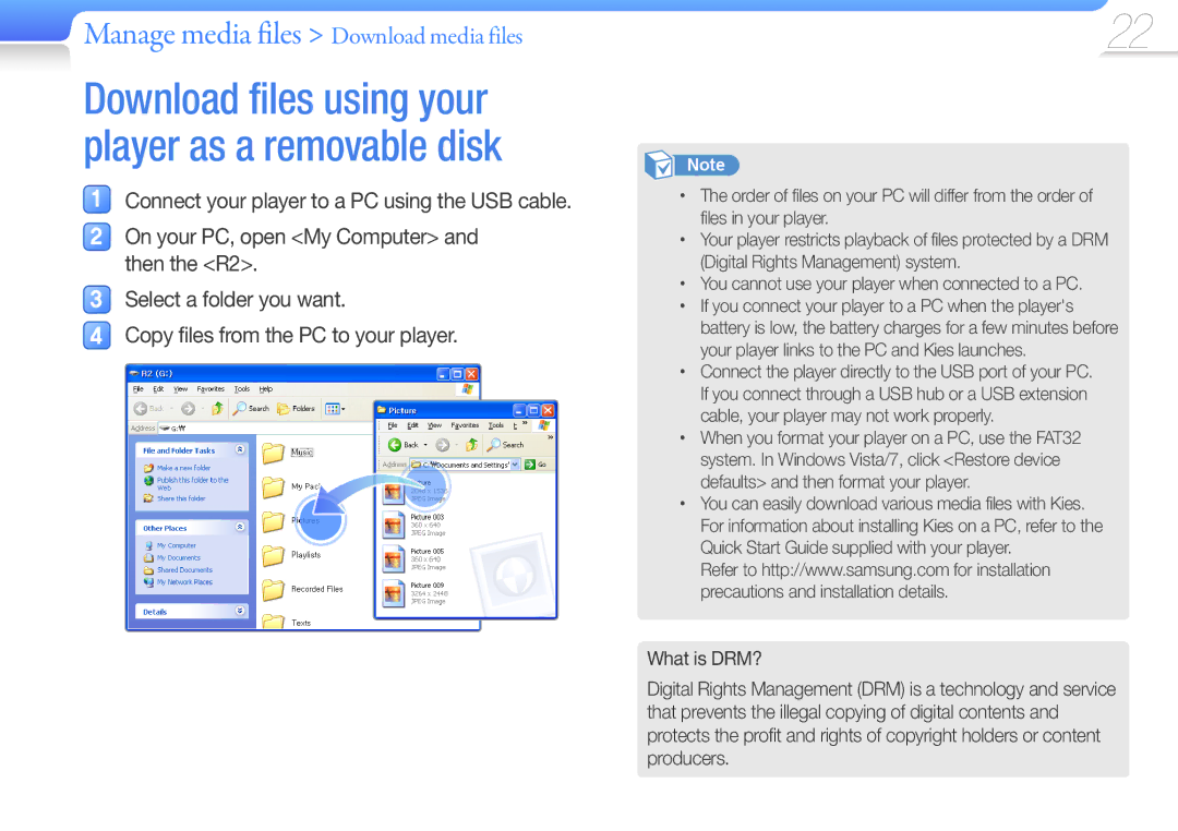 Samsung YP-R2CS/EDC manual Download files using your player as a removable disk, Manage media files Download media files 