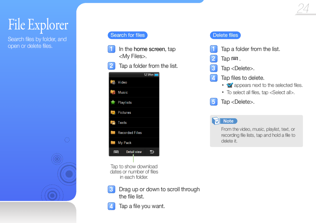 Samsung YP-R2CB/XET manual File Explorer, Tap a folder from the list Tap Delete Tap files to delete, Delete files 