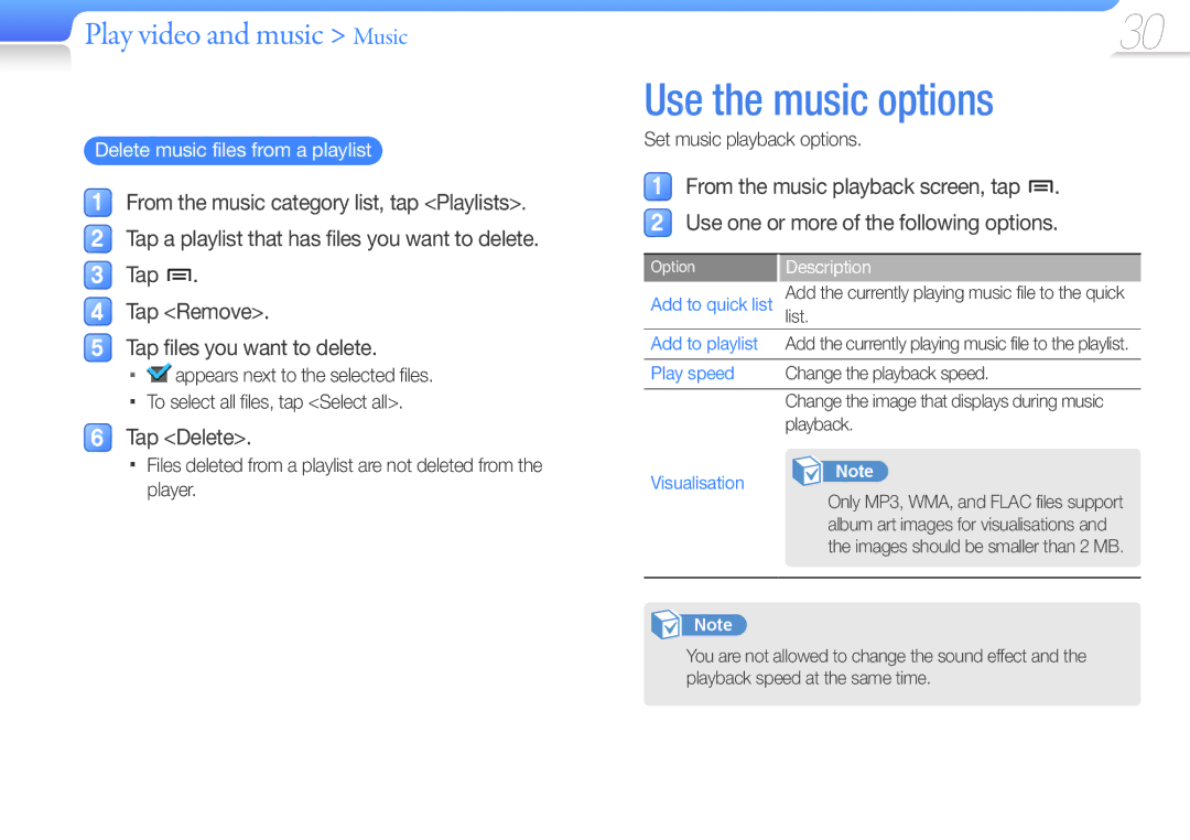 Samsung YP-R2CS/EDC Use the music options, Delete music files from a playlist, Add to playlist, Play speed, Visualisation 