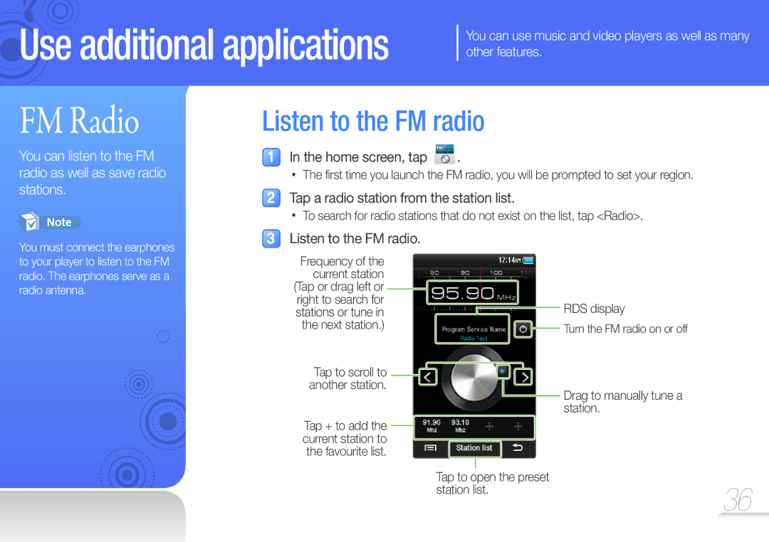 Samsung YP-R2CB/XET, YP-R2AS/XET FM Radio, Tap a radio station from the station list, Listen to the FM radio, RDS display 