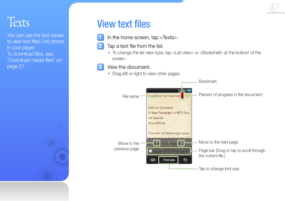 Samsung YP-R2CS/EDC, YP-R2CB/XET, YP-R2AS/XET Home screen, tap Texts Tap a text file from the list, View the document 