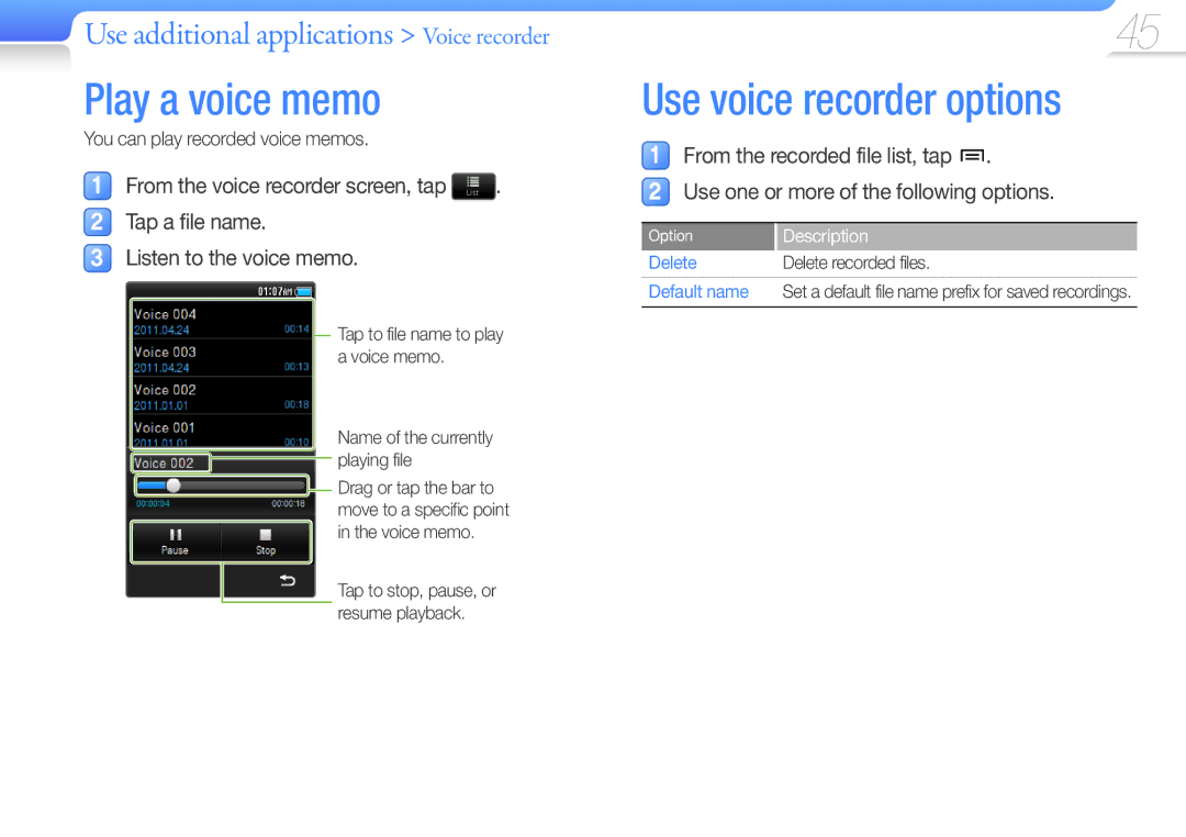 Samsung YP-R2AS/XET, YP-R2CB/XET, YP-R2CS/EDC, YP-R2AS/EDC manual Use voice recorder options, Delete Default name 