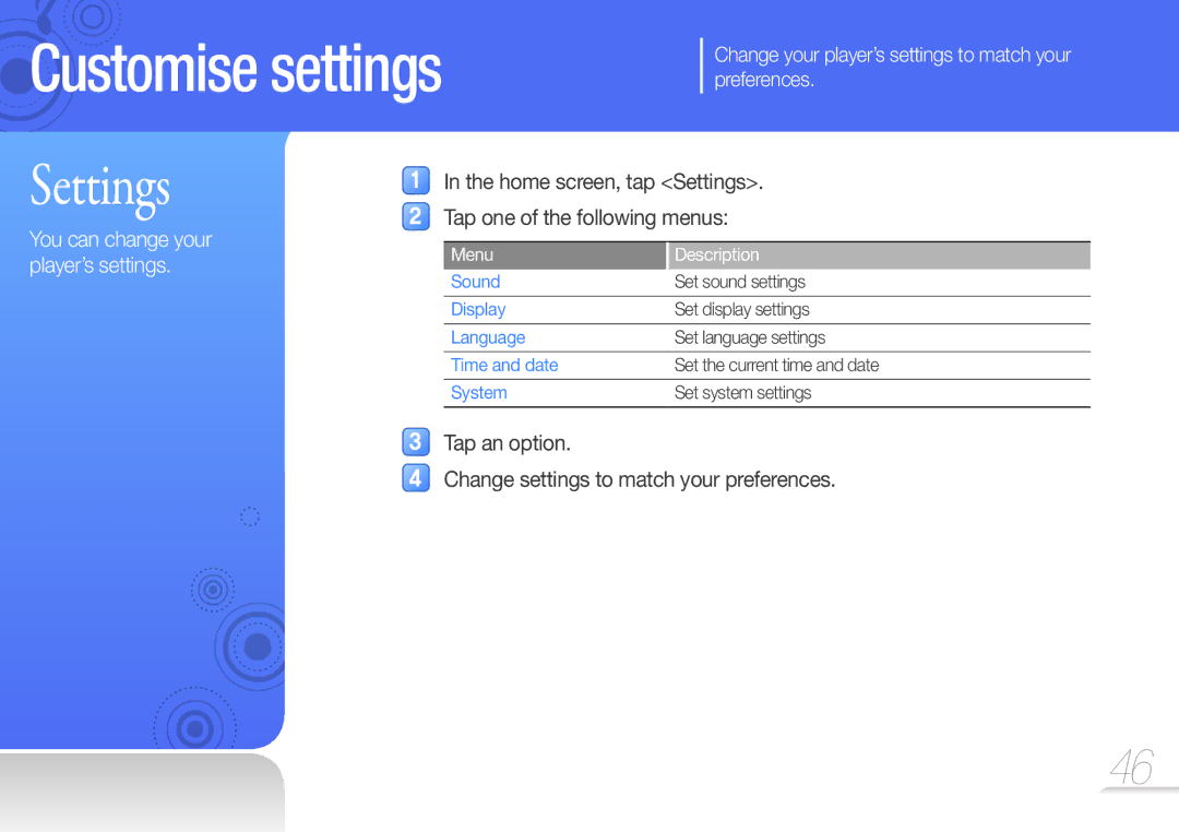 Samsung YP-R2CS/EDC, YP-R2CB/XET, YP-R2AS/XET, YP-R2AS/EDC manual Home screen, tap Settings Tap one of the following menus 