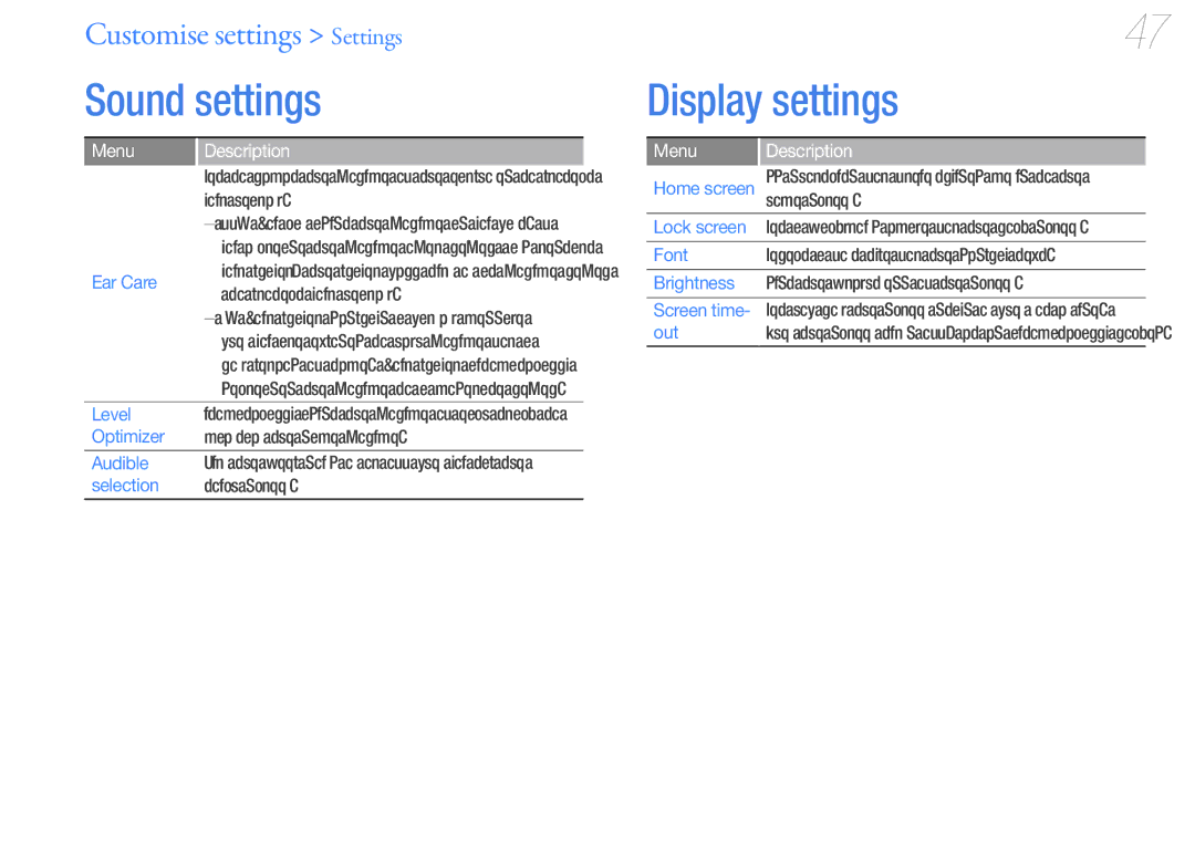 Samsung YP-R2AS/EDC, YP-R2CB/XET, YP-R2AS/XET, YP-R2CS/EDC Sound settings, Display settings, Customise settings Settings 