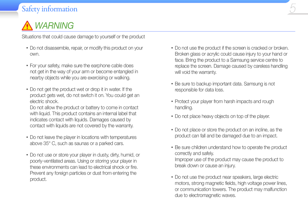 Samsung YP-R2AS/XET, YP-R2CB/XET, YP-R2CS/EDC, YP-R2AS/EDC manual Safety information 