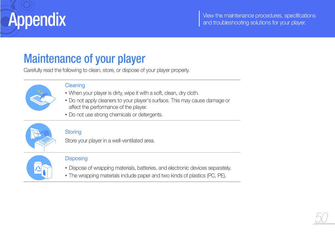 Samsung YP-R2CS/EDC, YP-R2CB/XET, YP-R2AS/XET manual Maintenance of your player, Store your player in a well-ventilated area 