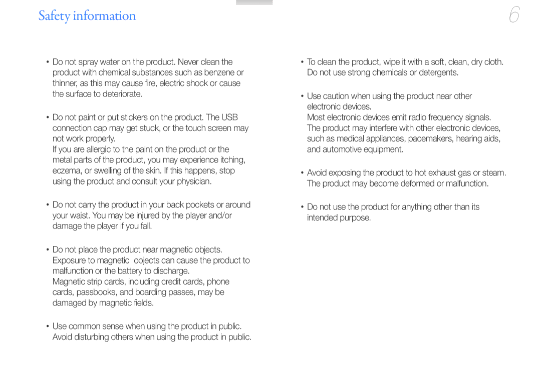 Samsung YP-R2CS/EDC, YP-R2CB/XET, YP-R2AS/XET, YP-R2AS/EDC manual Safety information 