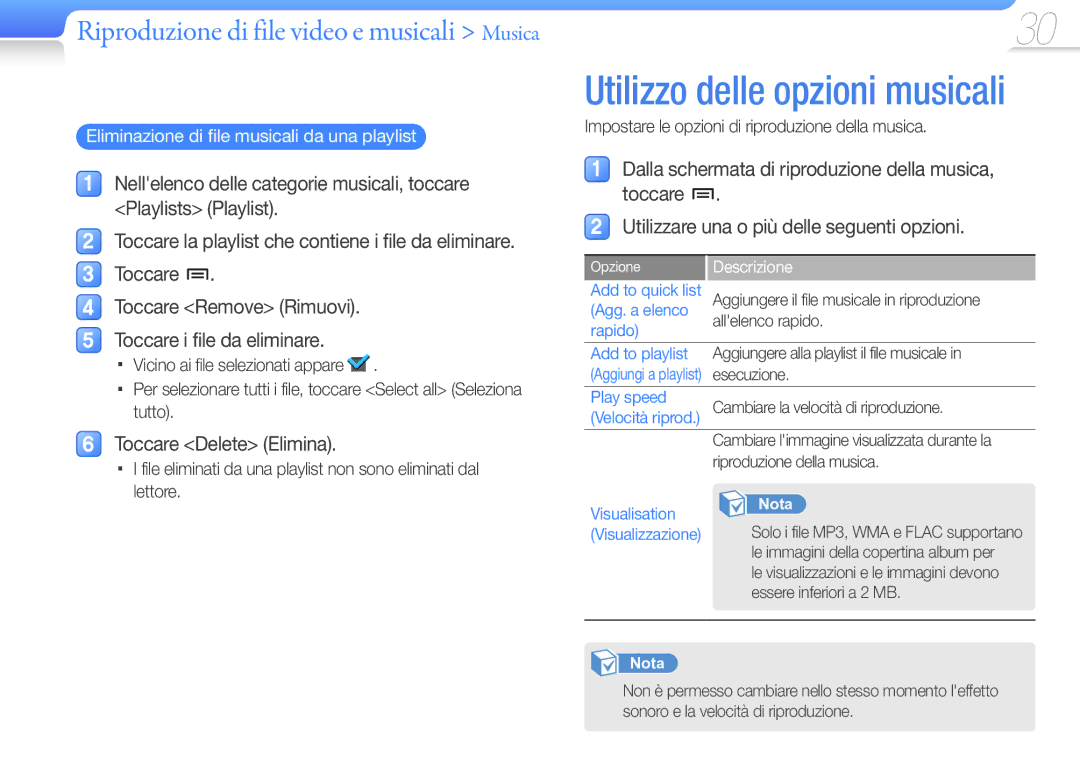 Samsung YP-R2CB/XET, YP-R2AS/XET manual Eliminazione di file musicali da una playlist 