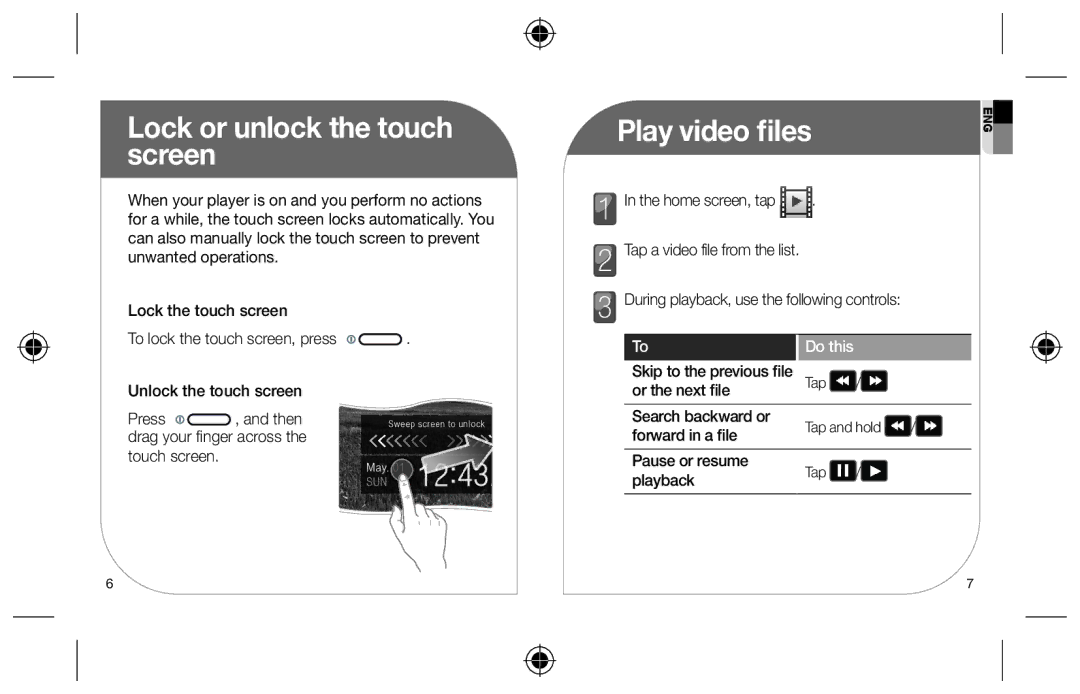 Samsung YP-R2CB/XET, YP-R2AS/XET manual Lock or unlock the touch screen, Play video files, Do this 