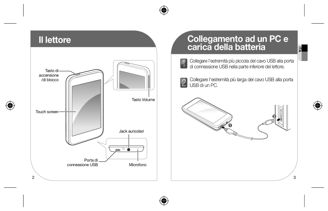 Samsung YP-R2CB/XET, YP-R2AS/XET manual Il lettore, Collegamento ad un PC e Carica della batteria 