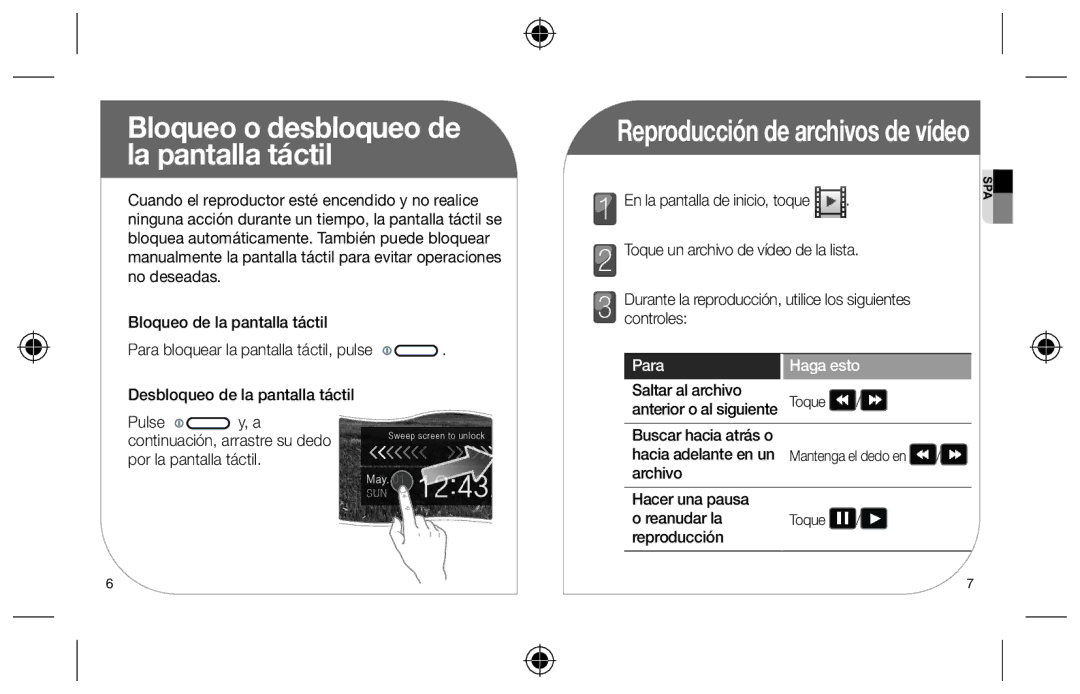 Samsung YP-R2CB/XET, YP-R2AS/XET manual Bloqueo o desbloqueo de la pantalla táctil, Para Haga esto 