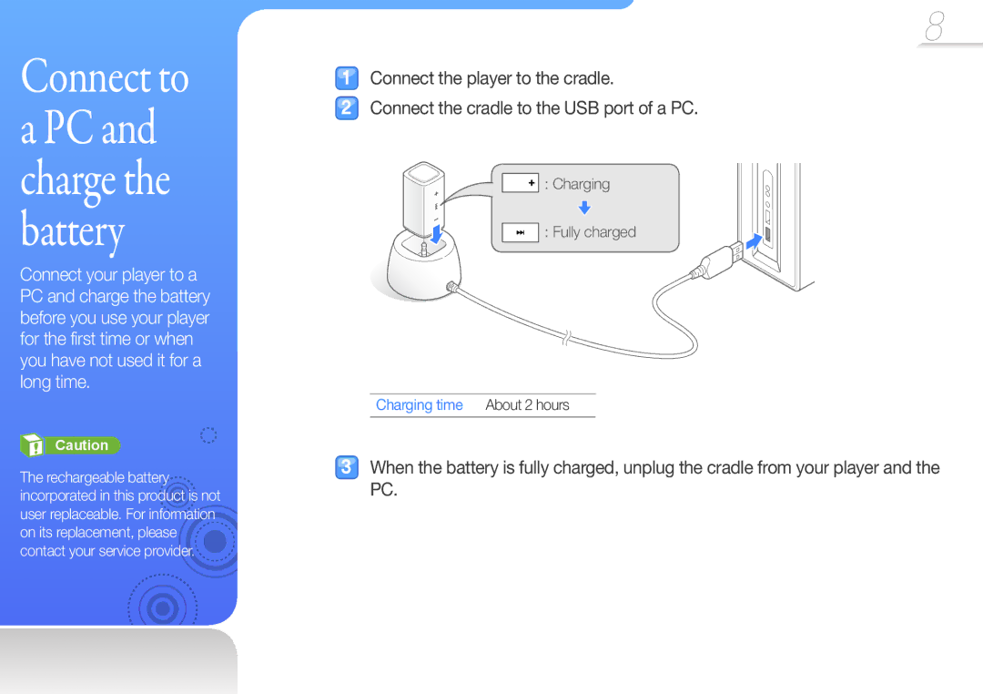 Samsung YP-S1QPV/XEF, YP-S1QLV/XEF, YP-S1QPV/EDC, YP-S1AL/EDC manual Connect to a PC and charge the battery, Charging time 