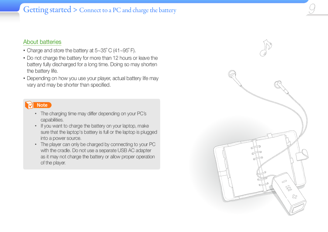 Samsung YP-S1QPV/EDC, YP-S1QLV/XEF, YP-S1QPV/XEF Getting started Connect to a PC and charge the battery, About batteries 