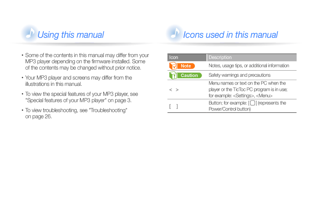 Samsung YP-S1QPV/EDC, YP-S1QLV/XEF, YP-S1QPV/XEF manual To view troubleshooting, see Troubleshooting on, Icon Description 