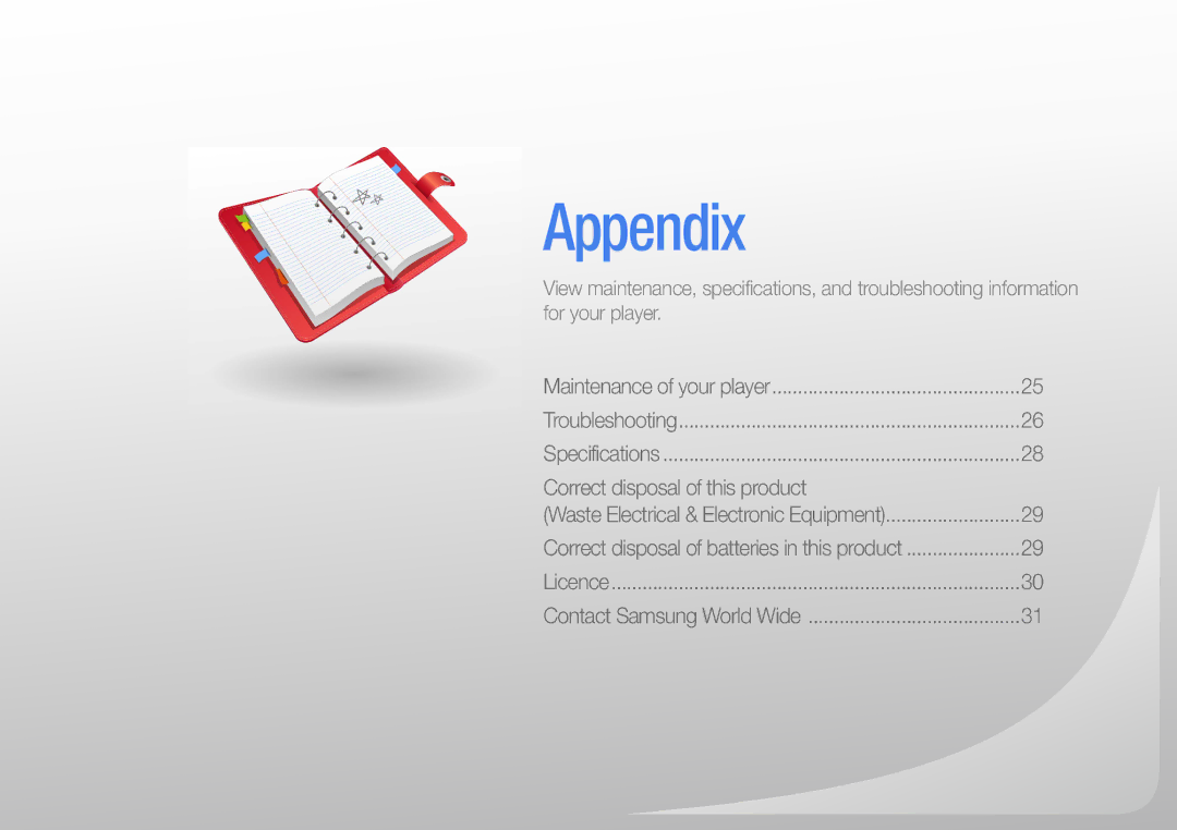 Samsung YP-S1AL/SUN, YP-S1QLV/XEF, YP-S1QPV/XEF, YP-S1QPV/EDC, YP-S1AL/EDC, YP-S1QLV/EDC, YP-S1AP/EDC, YP-S1QL/MEA manual Appendix 