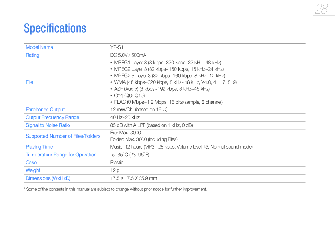 Samsung YP-S1AL/EDC, YP-S1QLV/XEF, YP-S1QPV/XEF, YP-S1QPV/EDC, YP-S1QLV/EDC, YP-S1AP/EDC, YP-S1QL/MEA manual Specifications 