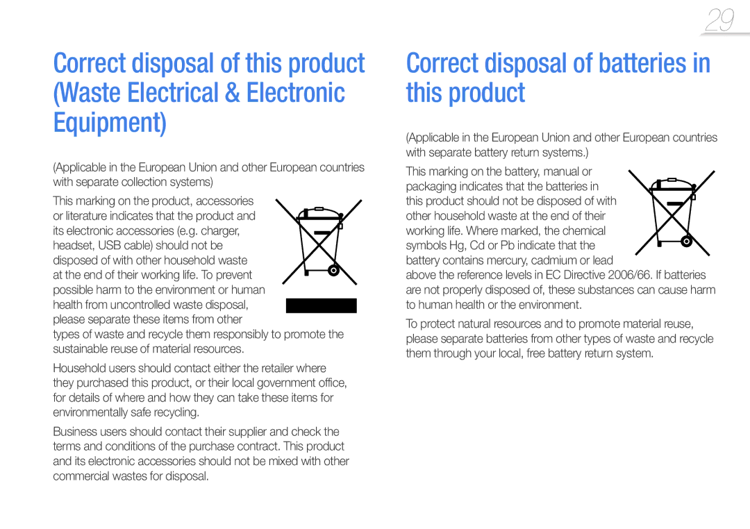 Samsung YP-S1QLV/EDC, YP-S1QLV/XEF Correct disposal of batteries in this product, Disposed of with other household waste 