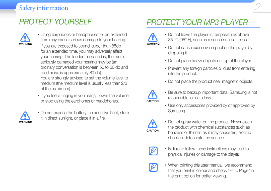 Samsung YP-S1QLV/EDC, YP-S1QLV/XEF, YP-S1QPV/XEF Protect Your MP3 Player, Using earphones or headphones for an extended 