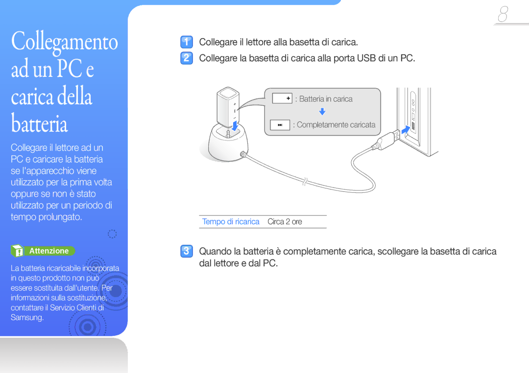 Samsung YP-S1QLV/EDC, YP-S1QPV/EDC manual Collegamento ad un PC e carica della batteria, Tempo di ricarica Circa 2 ore 