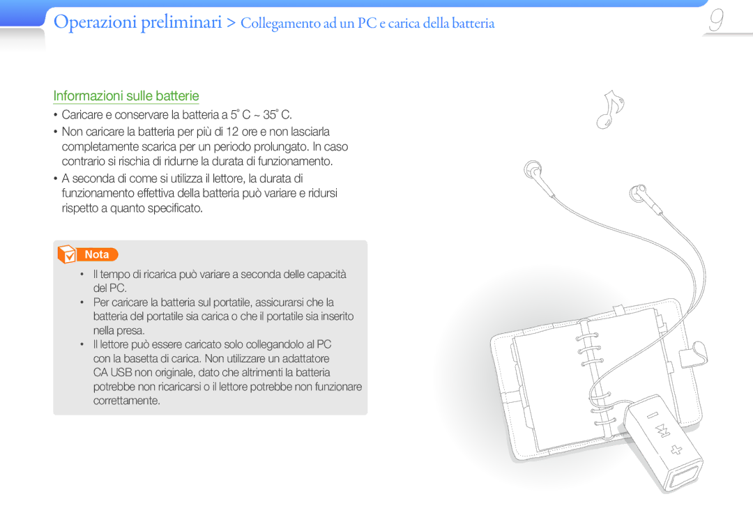 Samsung YP-S1AP/EDC, YP-S1QPV/EDC manual Informazioni sulle batterie, Caricare e conservare la batteria a 5˚ C ~ 35˚ C 