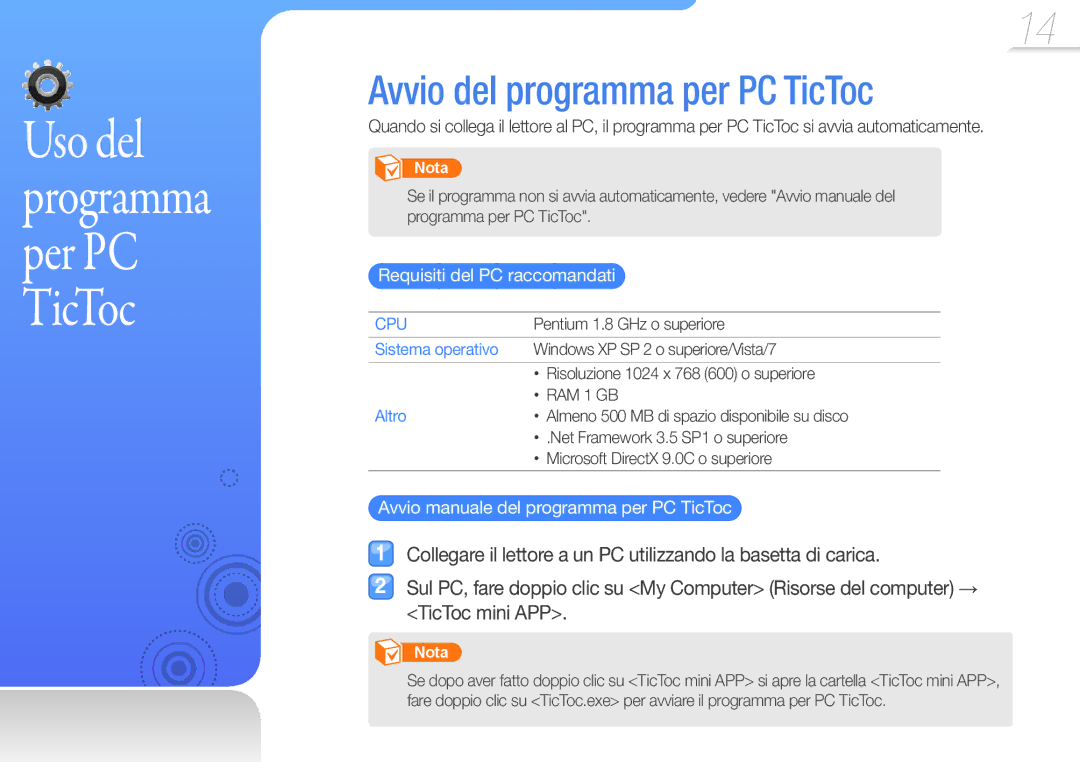 Samsung YP-S1QPV/EDC manual Avvio del programma per PC TicToc, Requisiti del PC raccomandati, Sistema operativo, Altro 