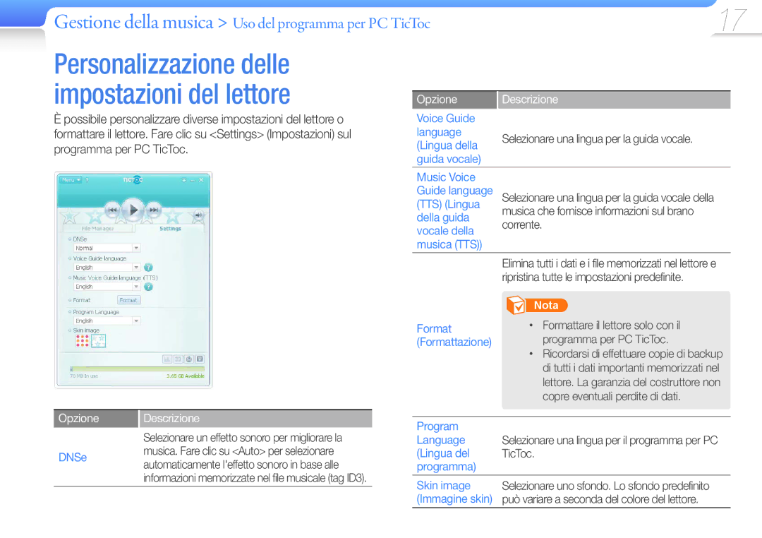 Samsung YP-S1AP/EDC Voice Guide Language, Lingua della, Guida vocale Music Voice, TTS Lingua, Della guida, Vocale della 