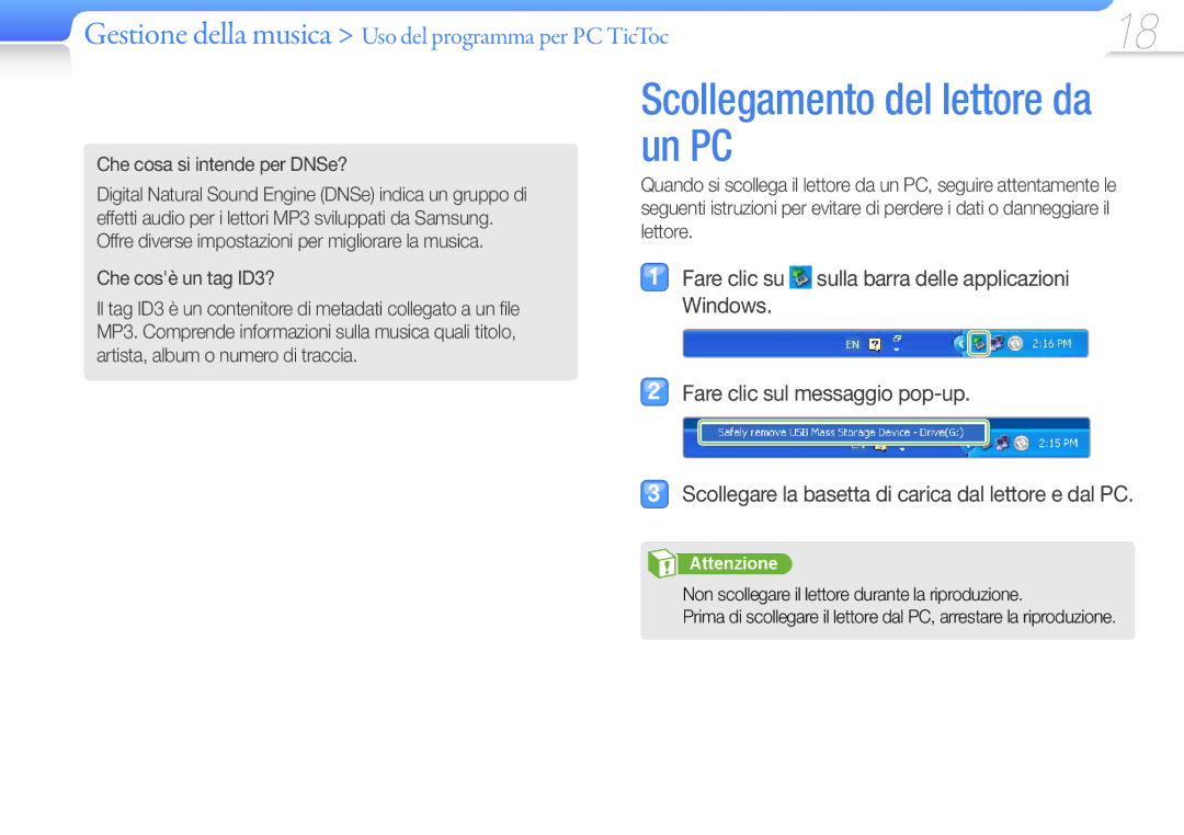 Samsung YP-S1QPV/EDC, YP-S1AL/EDC Scollegamento del lettore da un PC, Che cosa si intende per DNSe?, Che cosè un tag ID3? 