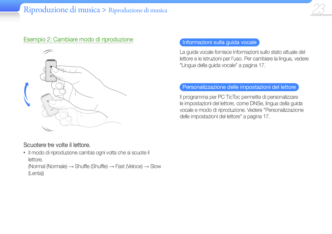 Samsung YP-S1AL/EDC, YP-S1QPV/EDC manual Informazioni sulla guida vocale, Personalizzazione delle impostazioni del lettore 