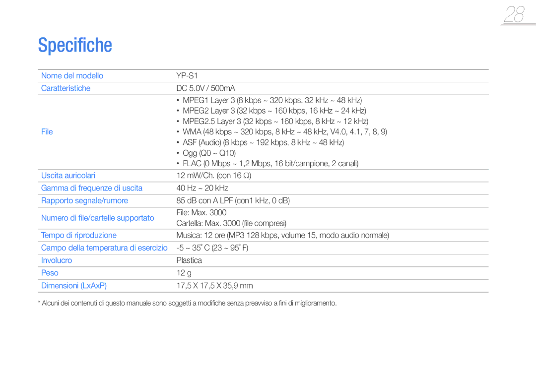 Samsung YP-S1QLV/EDC, YP-S1QPV/EDC, YP-S1AL/EDC, YP-S1AP/EDC manual Specifiche 