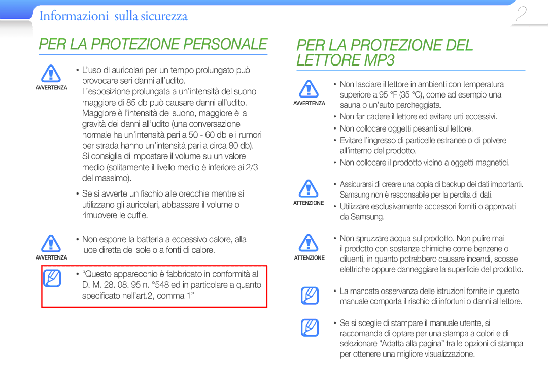 Samsung YP-S1QPV/EDC Sauna o un’auto parcheggiata, Non collocare oggetti pesanti sul lettore, All’interno del prodotto 