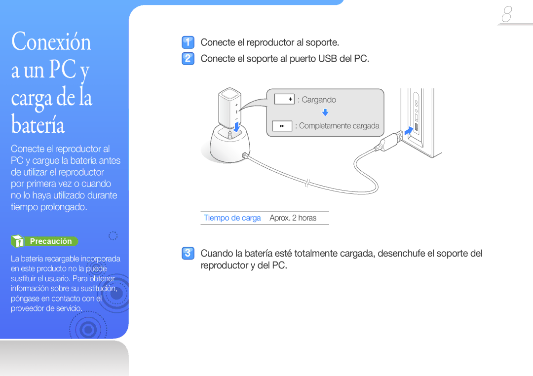 Samsung YP-S1QL/MEA, YP-S1QPV/EDC, YP-S1QLV/EDC manual Conexión a un PC y carga de la batería, Tiempo de carga Aprox horas 