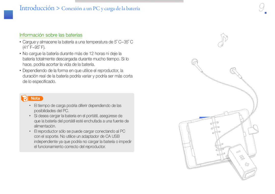 Samsung YP-S1QBR/EDC, YP-S1QPV/EDC, YP-S1QLV/EDC, YP-S1QL/MEA manual Introducción Conexión a un PC y carga de la batería 