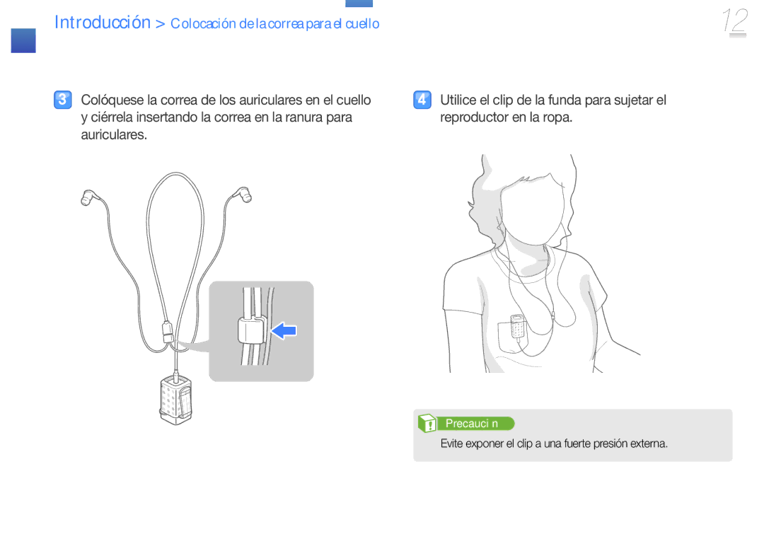 Samsung YP-S1QL/MEA manual Introducción Colocación de la correa para el cuello, Utilice el clip de la funda para sujetar el 