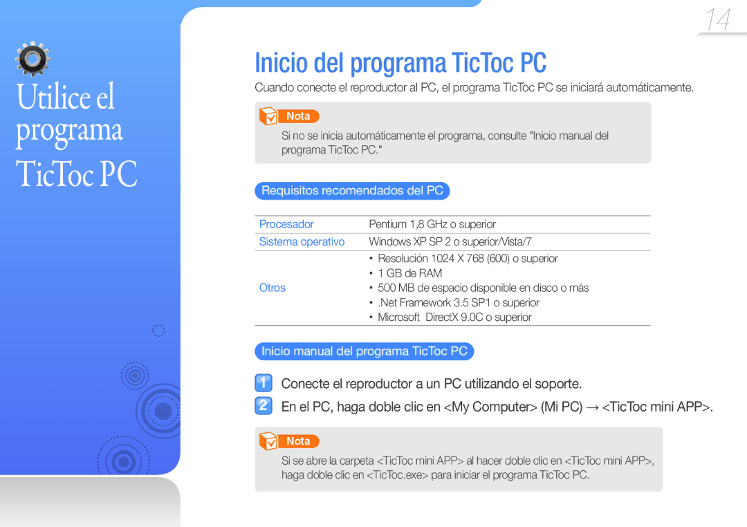 Samsung YP-S1QPV/EDC, YP-S1QL/MEA Inicio del programa TicToc PC, Utilice el programa, Procesador, Sistema operativo, Otros 