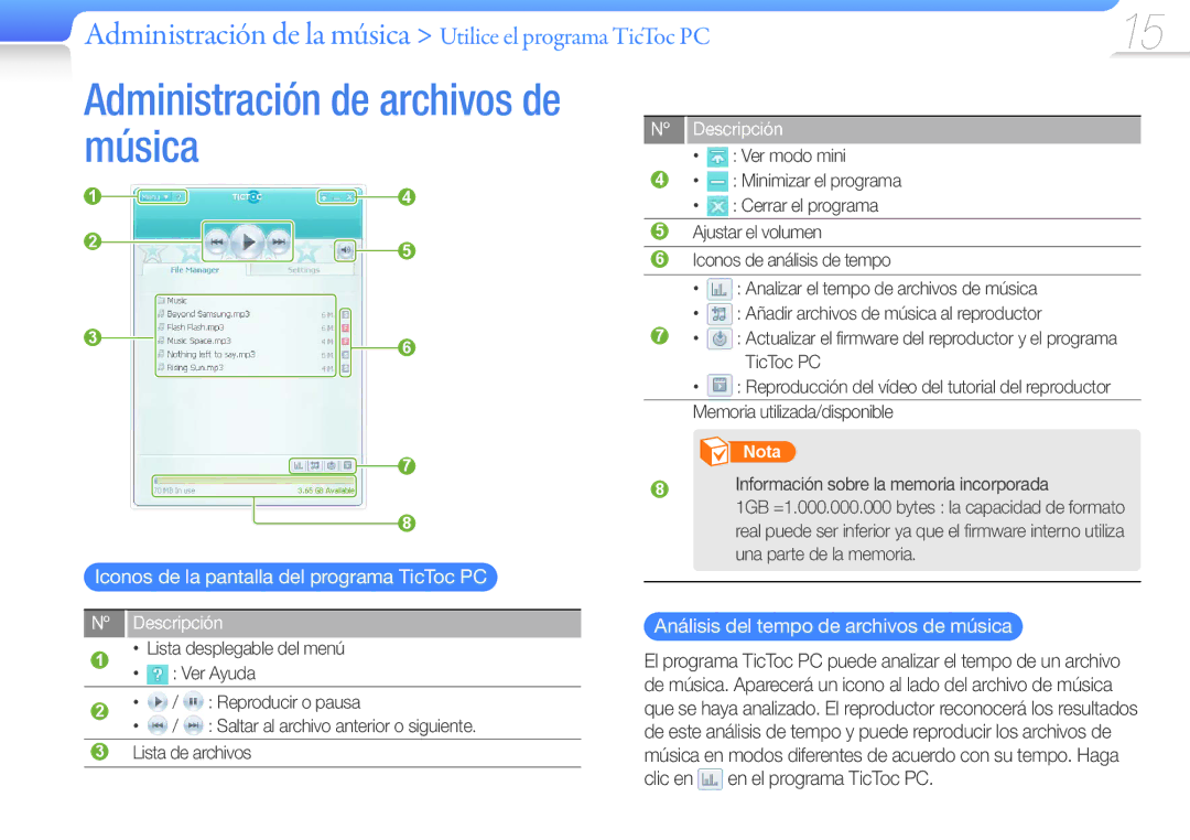 Samsung YP-S1QLV/EDC, YP-S1QPV/EDC manual Administración de archivos de música, Iconos de la pantalla del programa TicToc PC 