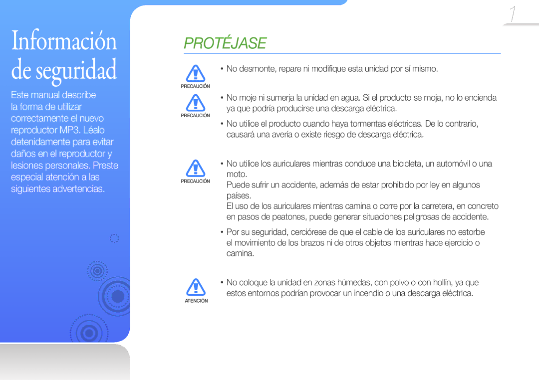 Samsung YP-S1QBR/EDC manual Información de seguridad, No desmonte, repare ni modifique esta unidad por sí mismo, Países 